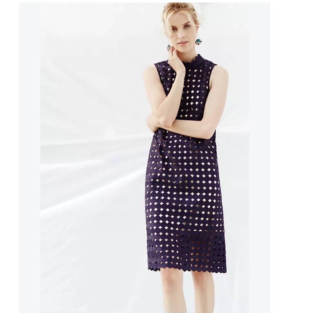 Maeve Anthropologie Navy Blue Geometric Eyelet Mock Neck Shift Dress XS